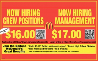 Now Hiring Crew Positions & Now Hiring Management
