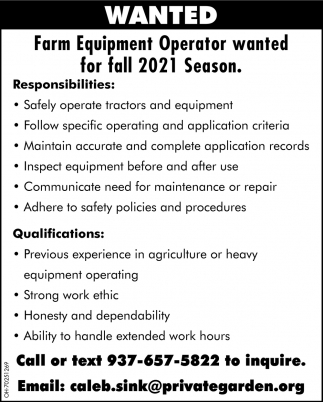 Farm Equipment Operator Wanted