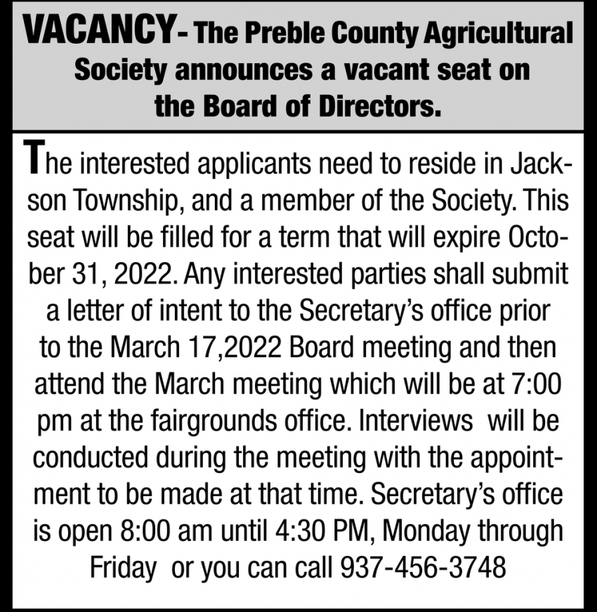 Board of Directors Vacancy