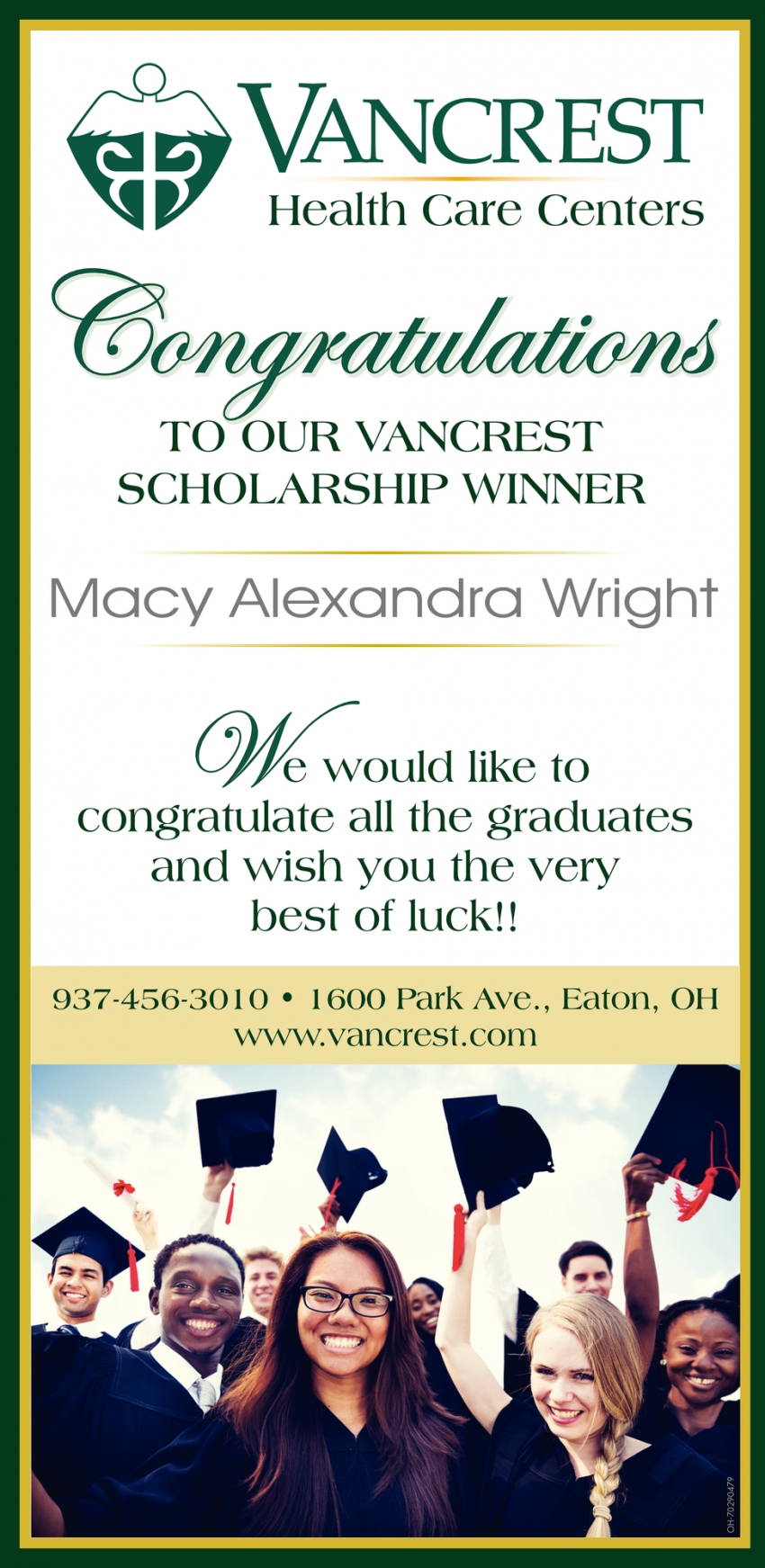 Congratulations To Our Vancrest Scholarship Winner