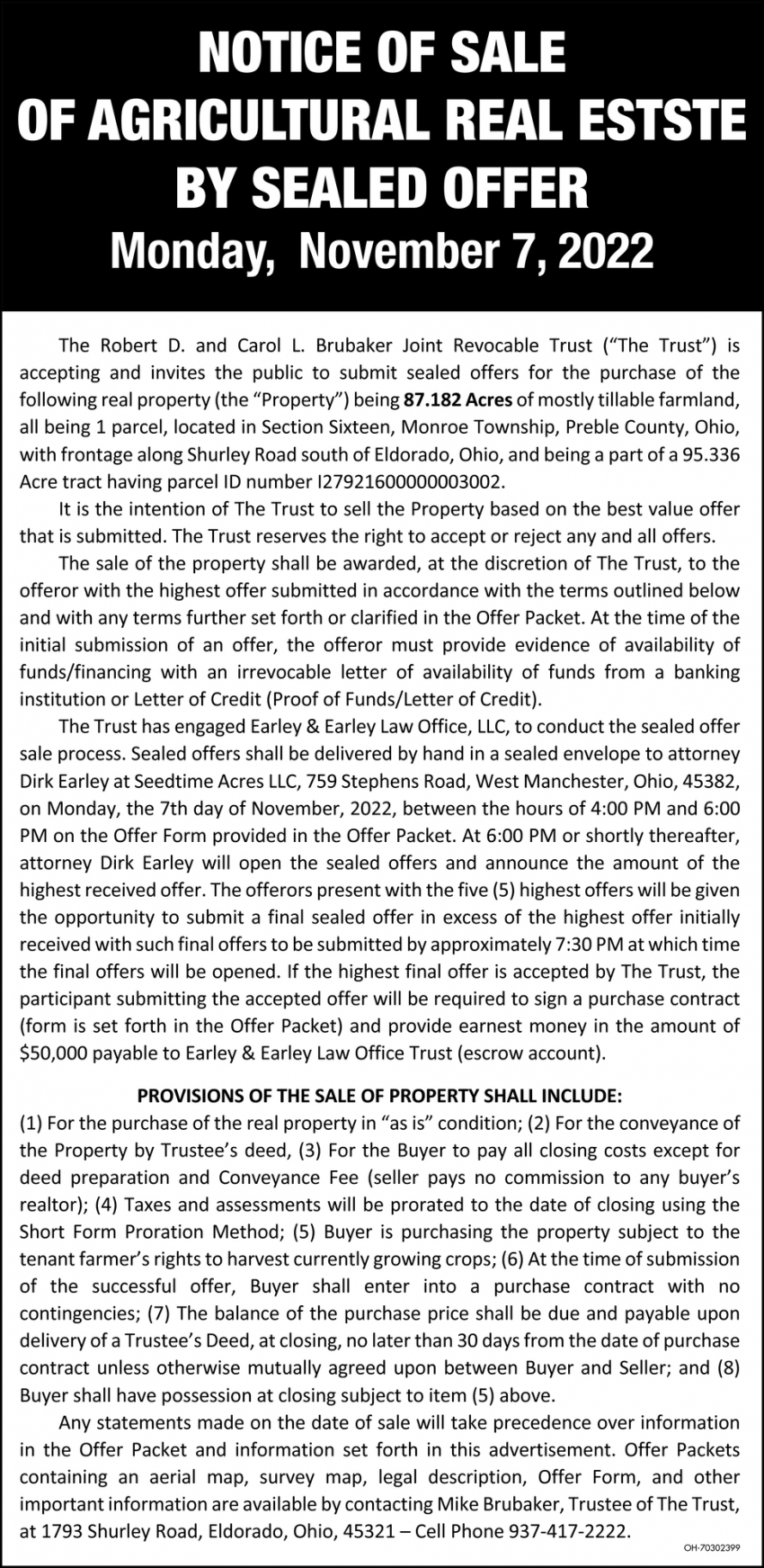 Notice of Sale of Agricultural Real Estate