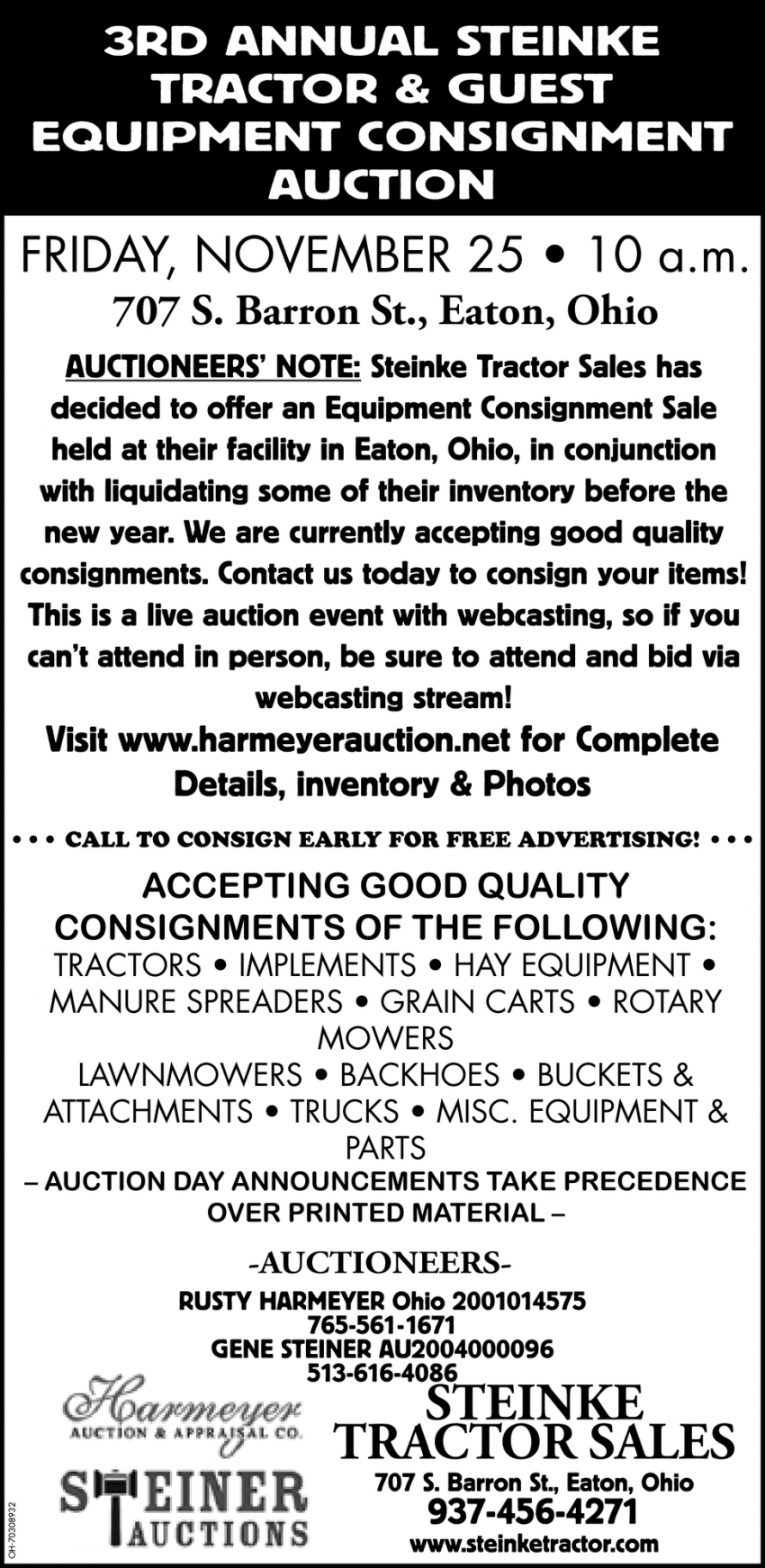 3Rd Annual Steinke Tractor & Guest Equipment Consignment Auction