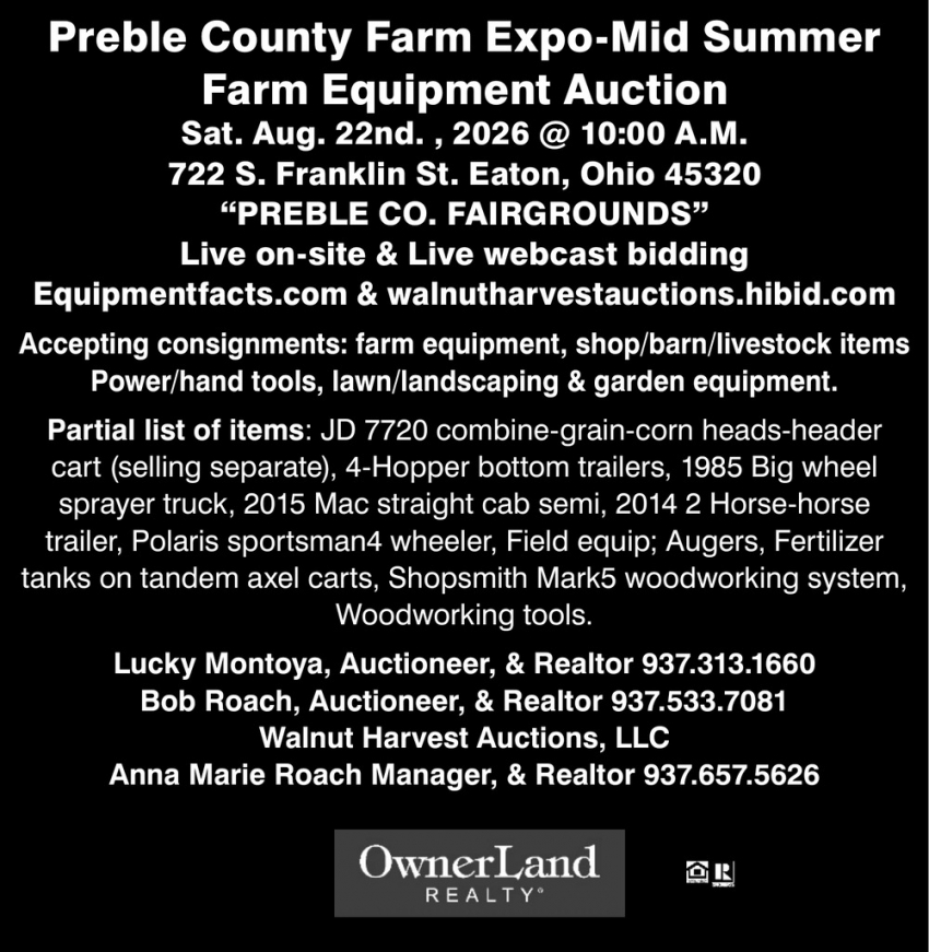 Preble County Farm Expo-Mid Summer Farm Equipment Auction (August 22, 2026)