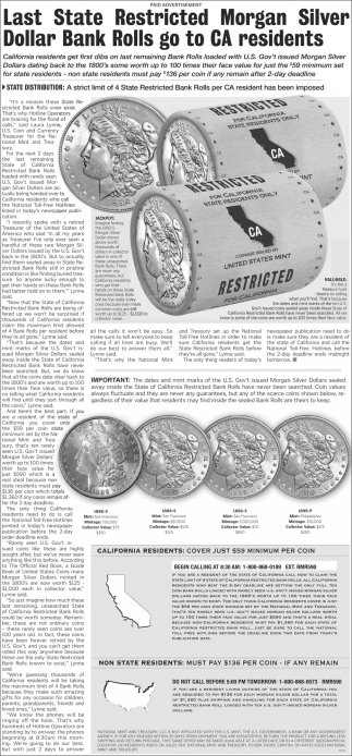 Last State Restricted Morgan Silver Dollar Bank Rolls Go To CA Residents