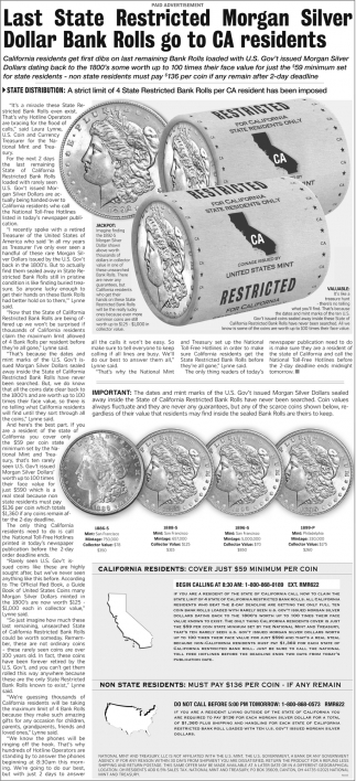 Last State Restricted Morgan Silver Dollar Bank Rolls Go To CA Residents