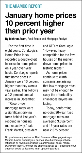 January Home Prices 10 Percent Higher Than Prior Year