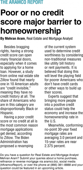 Poor or No Credit Score Major Barrier to Homeownership