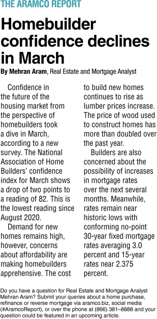 Homebuilder Confidence Declines in March