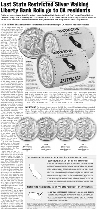 Last State Restricted Silver Walking Liberty Bank Rolls go to CA Residents