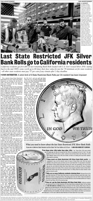 Last State Restricted JFK Silver Bank Rolls Go To California Residents