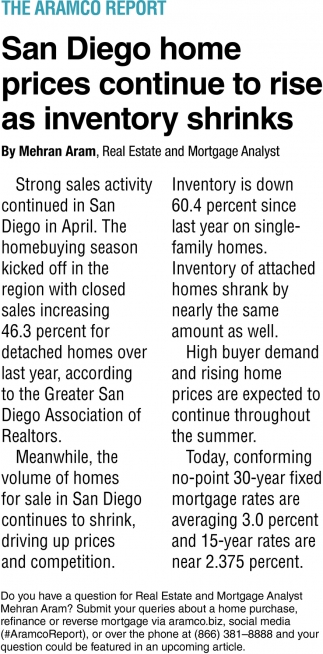 San Diego Home Prices Continue To Rise As Inventory Shrinks