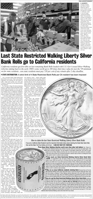 Last State Restricted Walking Liberty Silver Bank Rolls Go To California Residents