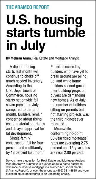 U.S. Housing Starts Tumble In July