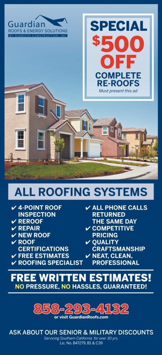 Special $500 OFF Complete RE-ROOFS