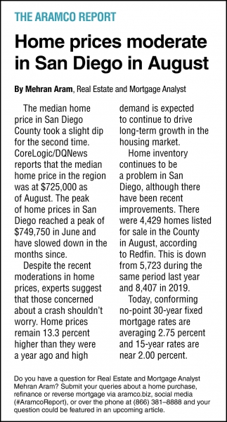 Home Prices Moderate In San Diego In August