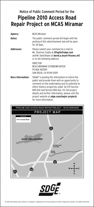 Notice Of Public Comment Period for the Pipeline 2021 Access Road Repair Project On MCAS Miramar