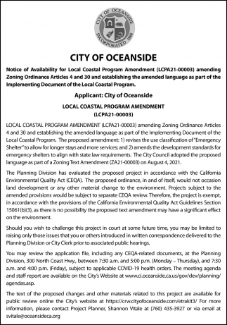 Notice Of Availability For Local Coastal Program Amendment