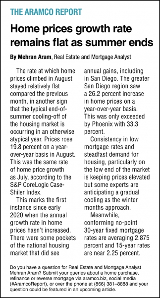 Home Prices Growth Rate Remains Flat As Summer Ends