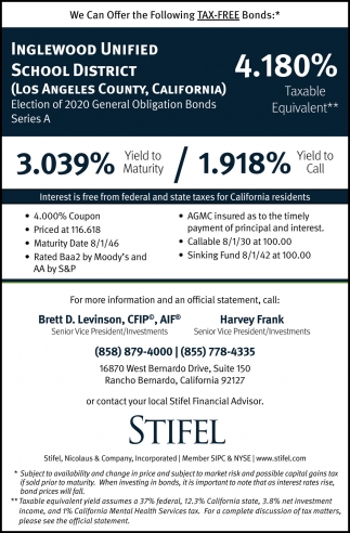 Stifel Offers A We Can Offer The Following TAX-FREE Bonds: