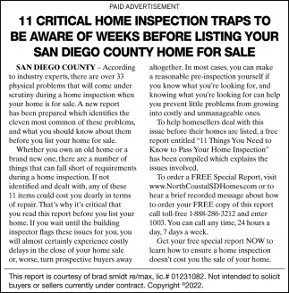 11 Critical Home Inspection Traps To Be Aware of Weeks Before Listing Your San Diego County Home for Sale