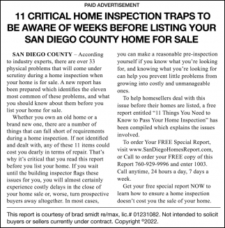 11 Critical Home Inspection Traps To Be Aware Of Weeks Before Listing Your San Diego County Home For Sale