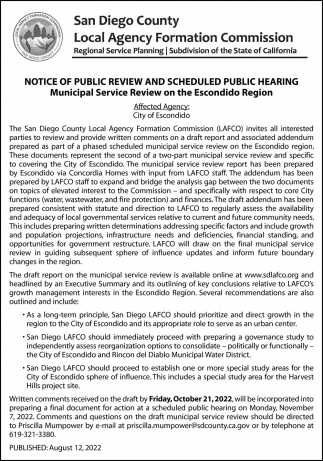 Notice Of Public Review And Scheduled Public Hearing