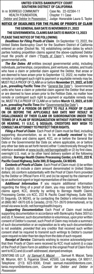 Notice Of Deadlines For The Filing Of Proofs Of Claim