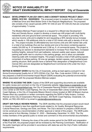 Notice of Availability Of Draft Environmental Impact Report