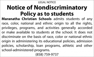Notice Of Nondiscriminatoru Policy As To Students