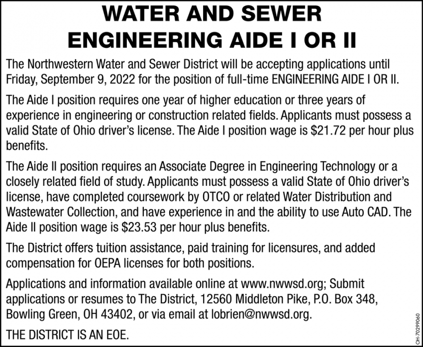 Water And Sewer Engineering Aide I Or II
