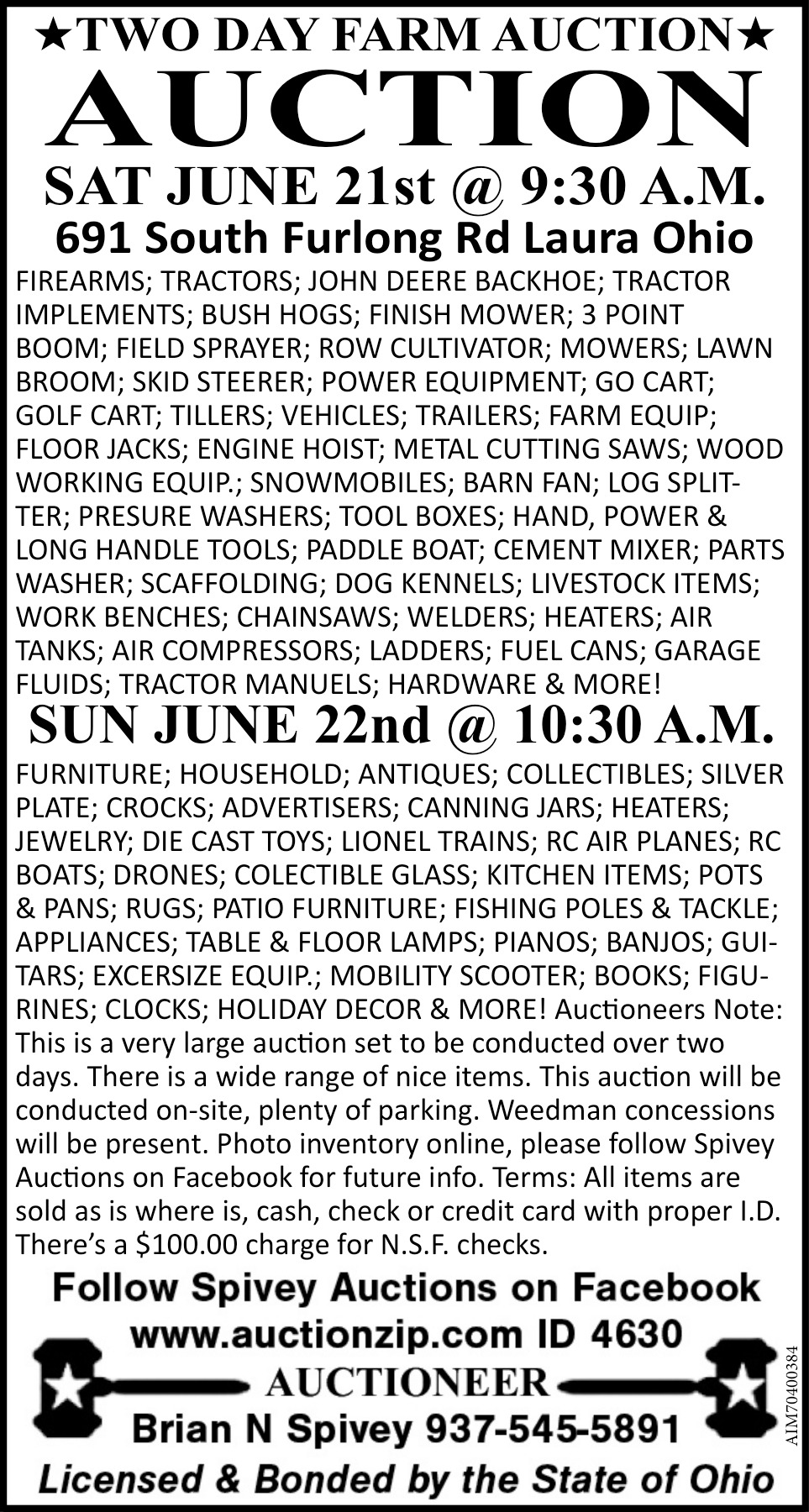 Two Day Farm Auction, Brian N Spivey Auctioneer, Laura, OH