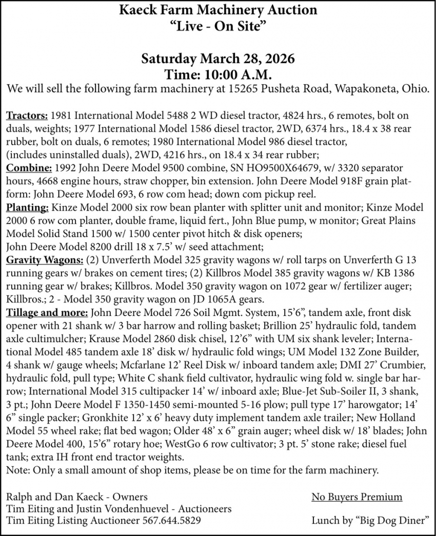 Kaeck Farm Machinery Auction (March 28, 2026)