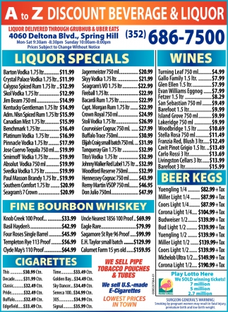 Liquor Specials - Wines - Cigarettes - Beer Kegs