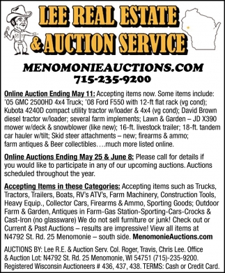 Online Consignment Auction, Lee Real Estate & Auction Service, Menomonie, WI