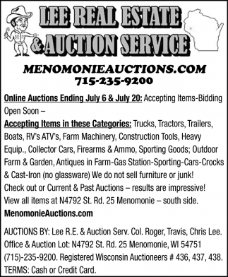 Online Consignment Auction, Lee Real Estate & Auction Service, Menomonie, WI