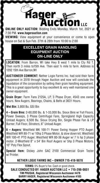 Excellent Grain Handling Equipment Auction On-Line Only