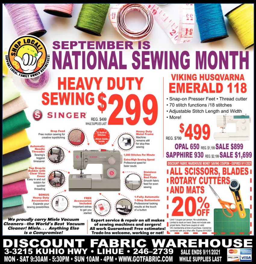 September is National Sewing Month, Discount Fabric Warehouse, Lihue, HI