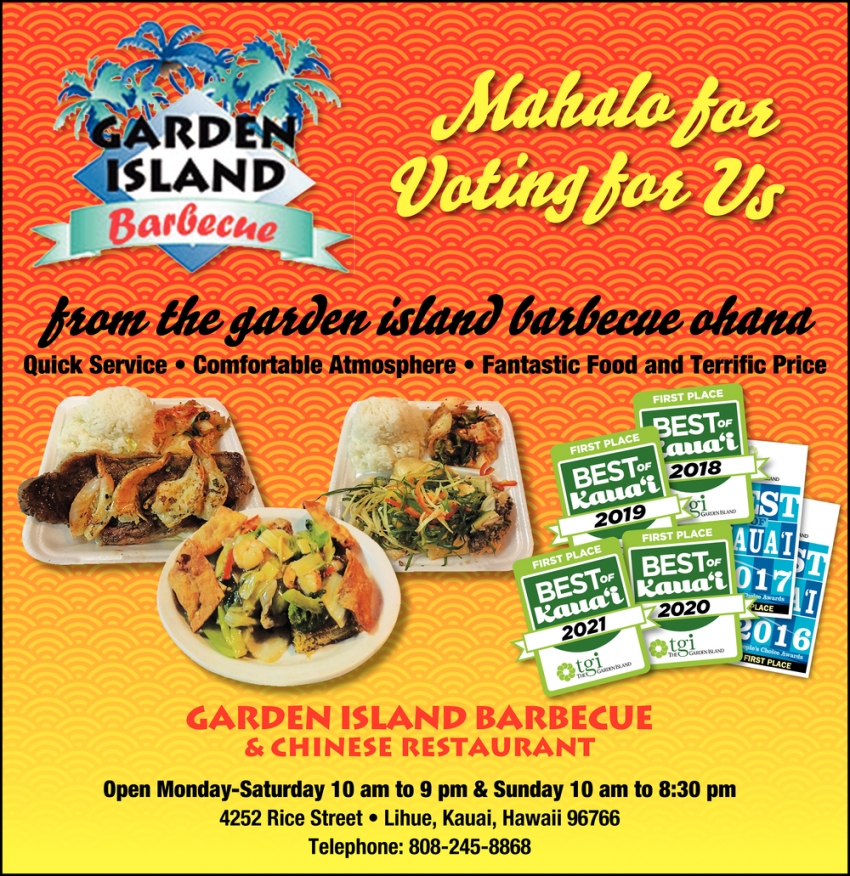 Mahalo For Voting For Us Garden Island Barbecue Chinese Restaurant Lihue Hi