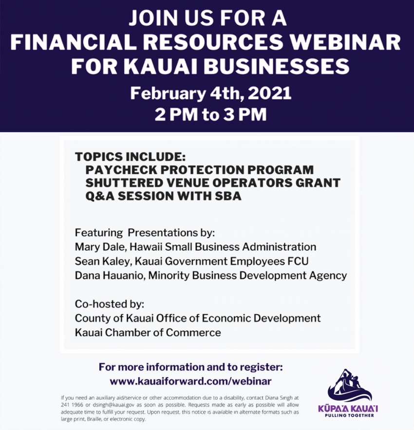 Join Us for a Financial Resources inar for Kauai Business, Kauai