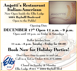 Book Now For Holiday Parties!, Angotti's Restaurant Italian-American