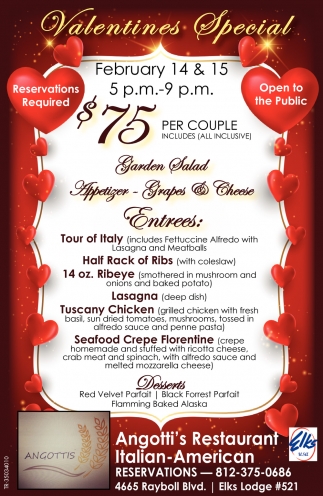 Valentines Special, Angotti's Restaurant Italian-American, Columbus, IN