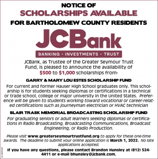 Notice of Scholarships Available for Bartholomew County Residents