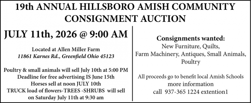 19th Annual Hillsboro Amish Community Consignment Auction