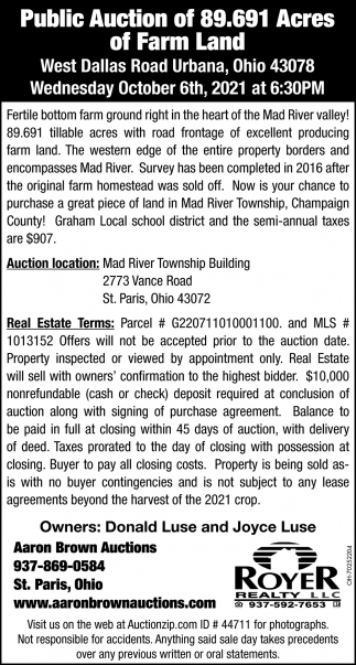 Public Auction Of 89.691 Acres Of Farm Land