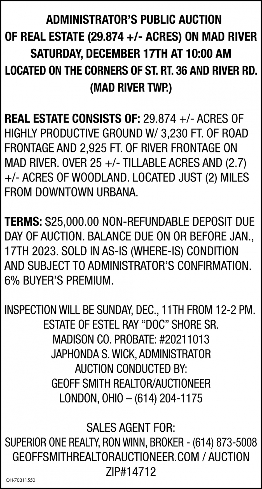 Administrator's Public Auction of Real Estate