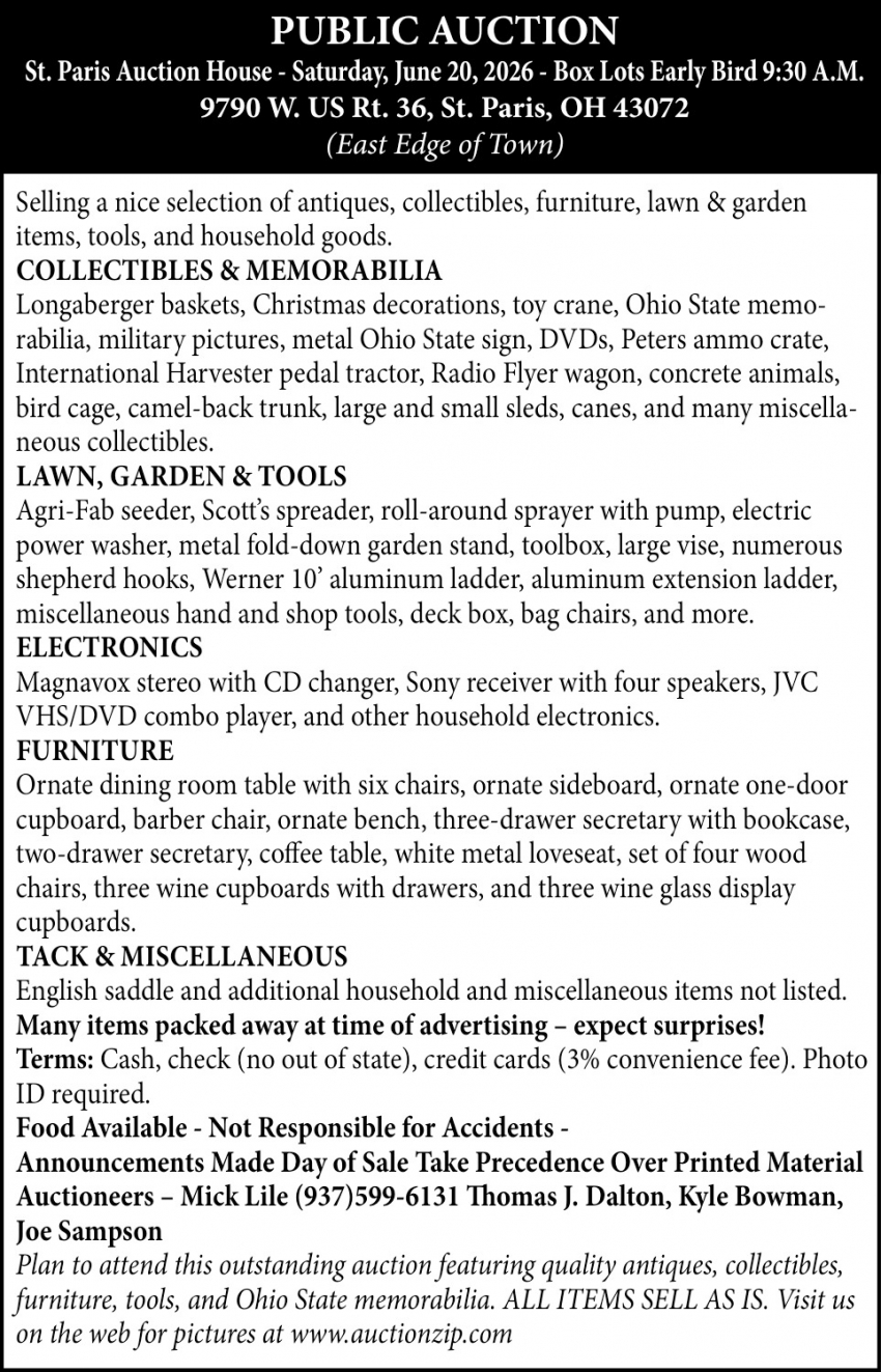 St. Paris Auction House Public Auction (June 20, 2026)
