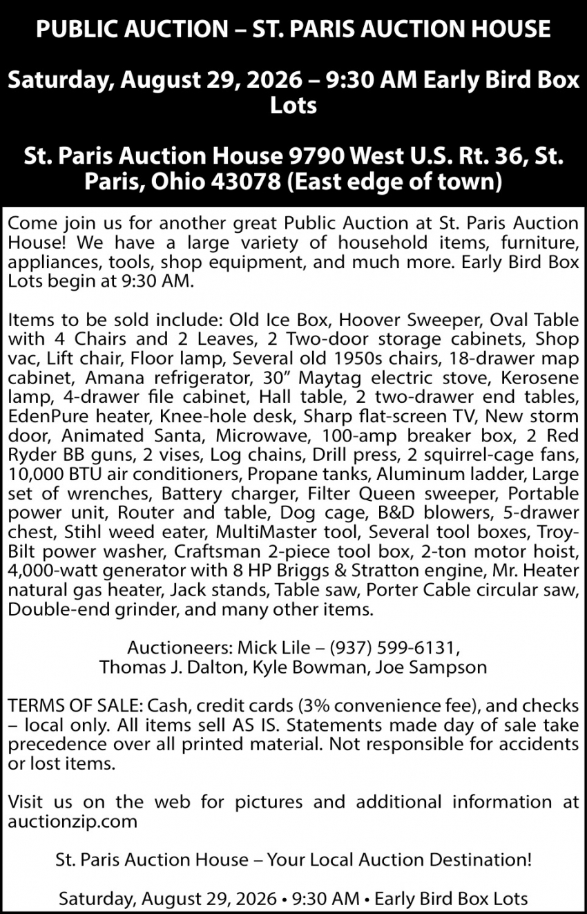 St. Paris Auction House Public Auction (August 29, 2026)