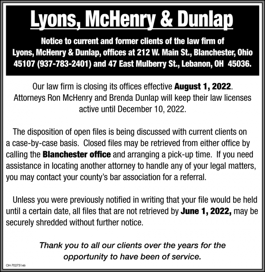 Notice to Current and Former Clients of the Law Firm