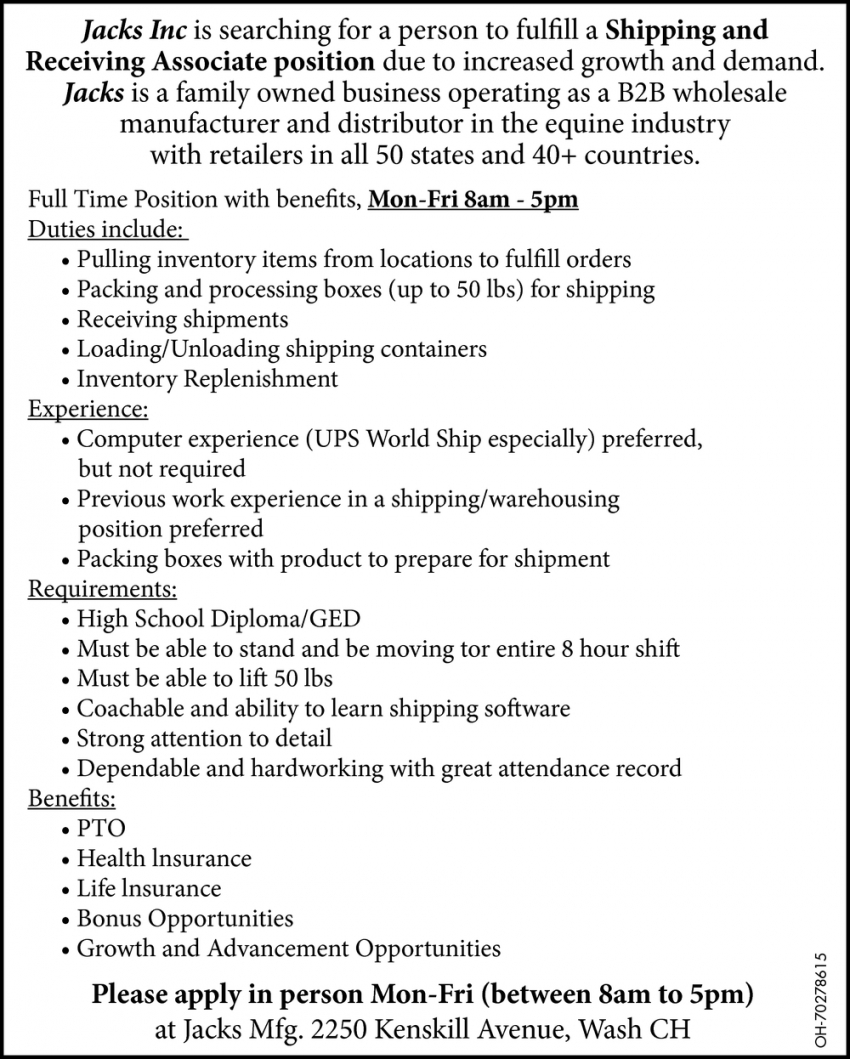 Shipping And Receiving Associate Position