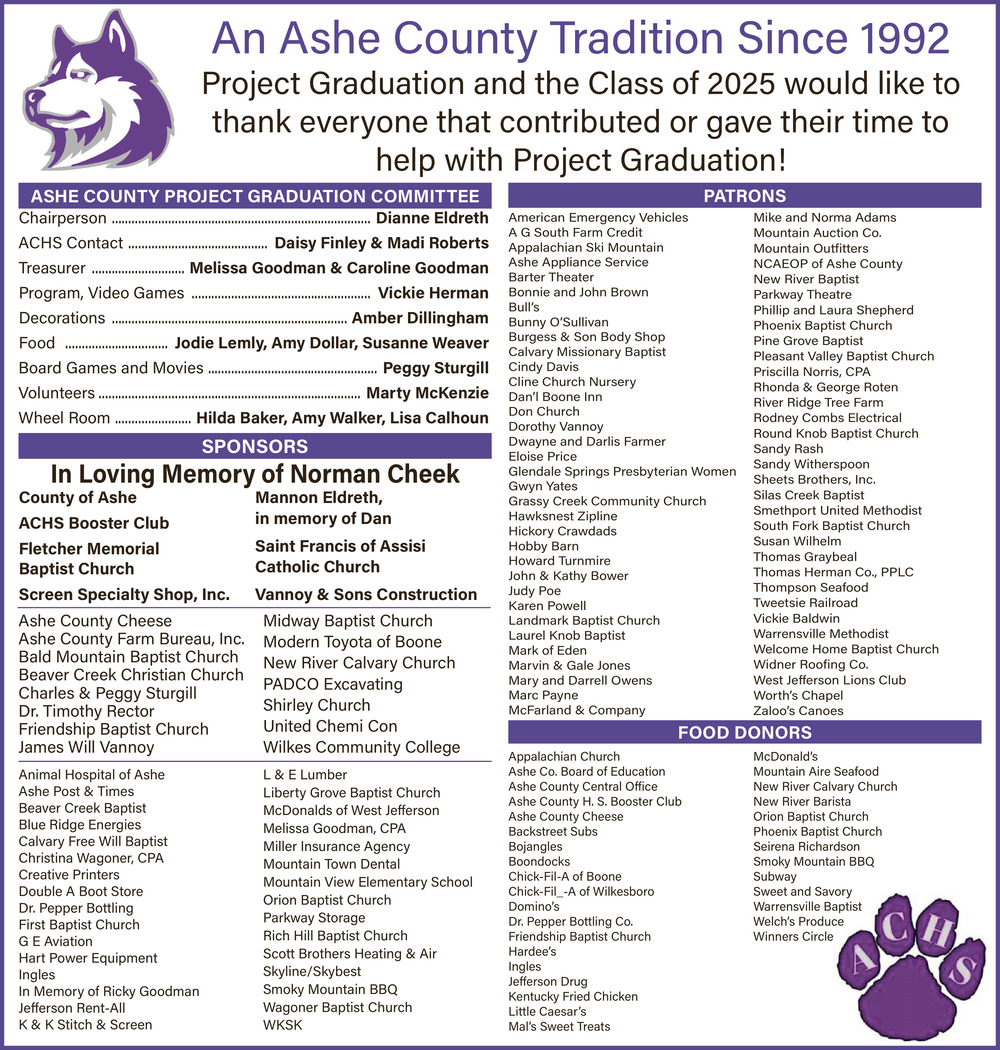 Project Graduation and the Class of 2025 Would Like to Thank Everyone That Contributed or Gave Their Time to Help With Project Graduation!, Ashe County Schools, Jefferson, NC